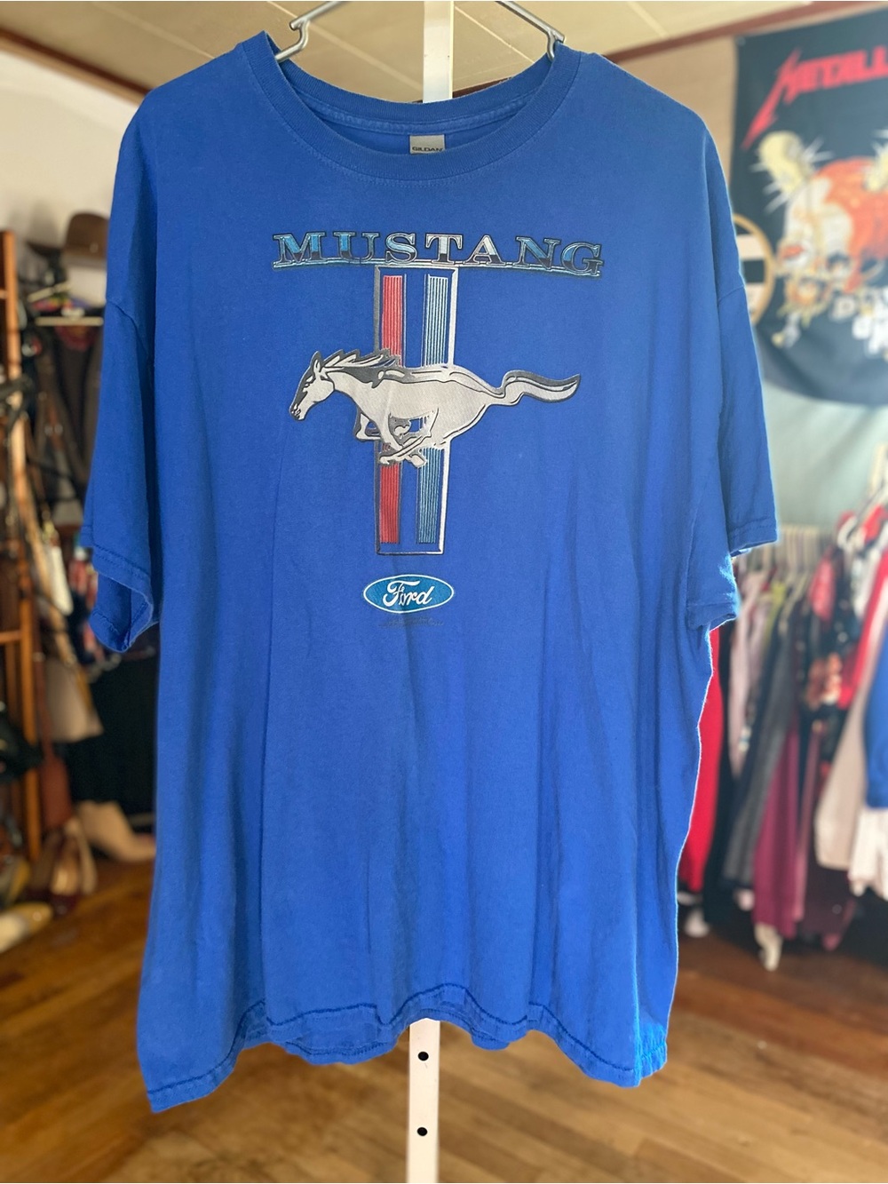 Gildan Blue Ford Mustang Graphic Tee with Red & White Stripe